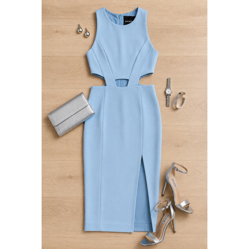 NICHOLAS Powder Blue Cutout Midi Dress Luxe Side Waist Event Cocktail Dress 4 - Picture 3 of 10